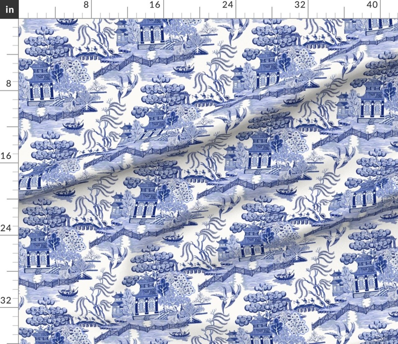 Pagoda Chinoiserie Blue Toile Chinese Botanical Garden Willow Cottagecore Grandmillennial Custom Printed Fabric by Spoonflower Various Fabrics by the Yard or Fat Quarter